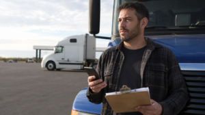Owner-operator at truck stop reviewing a load board on a smartphone with clipboard in hand, Class 8 tractor parked behind