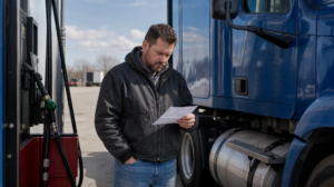 Owner-operator at fuel island reviewing a paper rate confirmation, parked Class 8 day cab tractor beside him