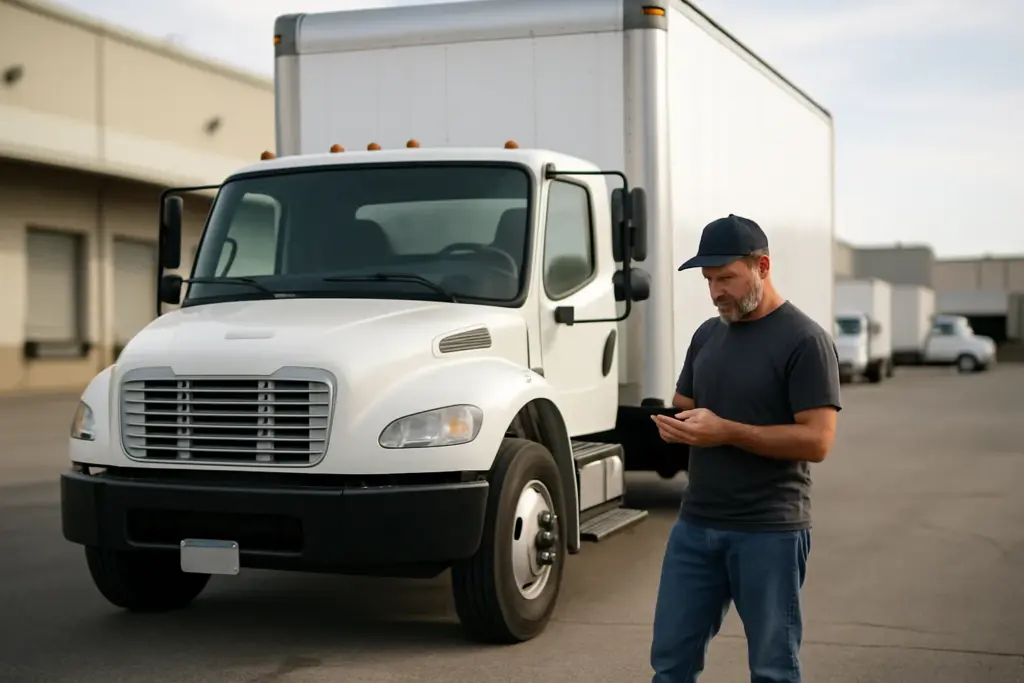 Owner-operator checking his phone beside a parked white box truck at a quiet distribution dock midweek