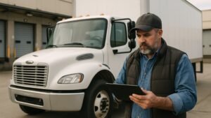 Owner-operator reviewing carrier records on a tablet beside a box truck