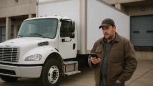 Owner-operator checking his phone beside a box truck at a freight depot