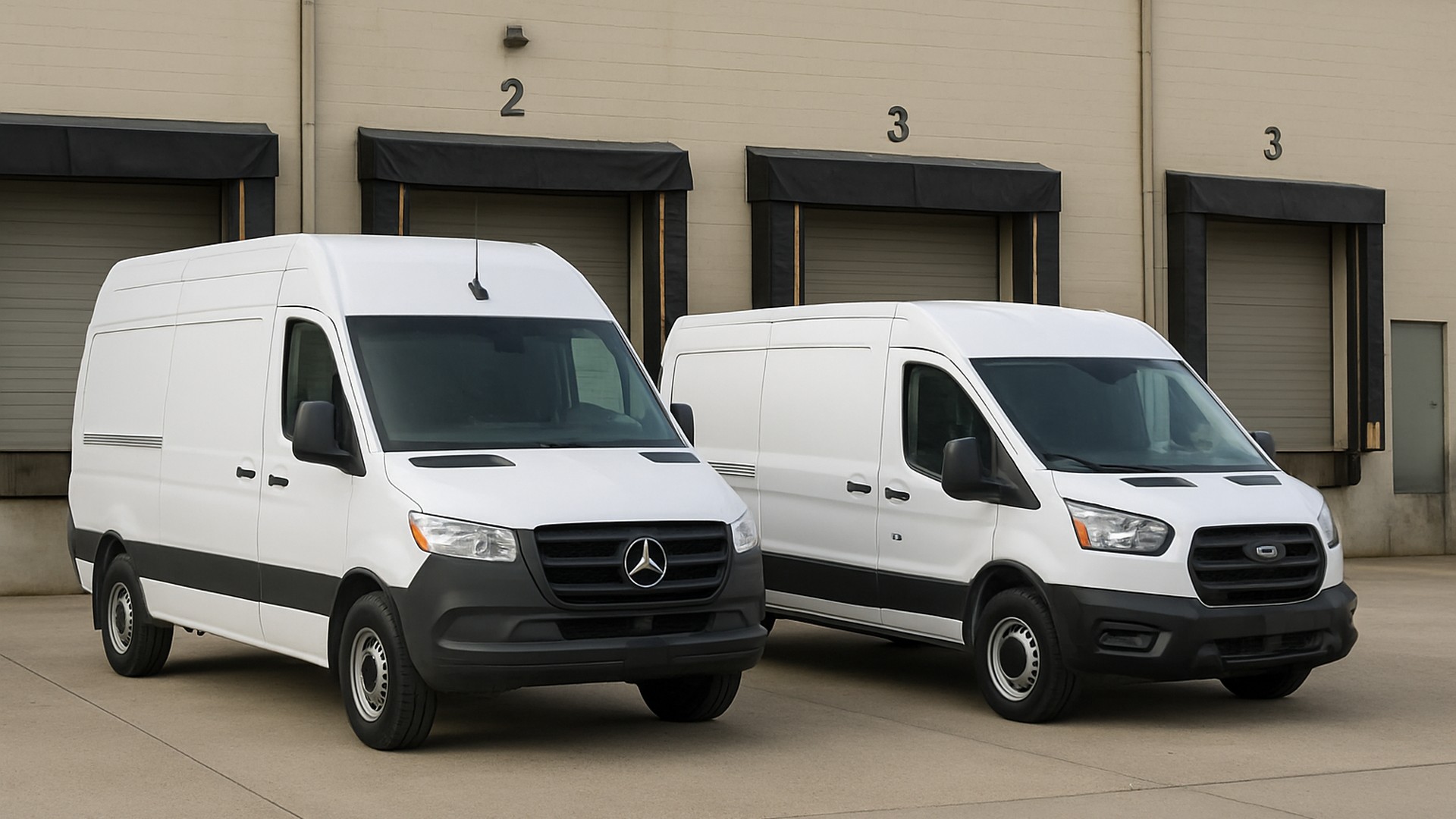 Mercedes Sprinter and Ford Transit cargo vans at a US loading dock