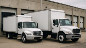 American straight truck and box truck parked at a US loading dock