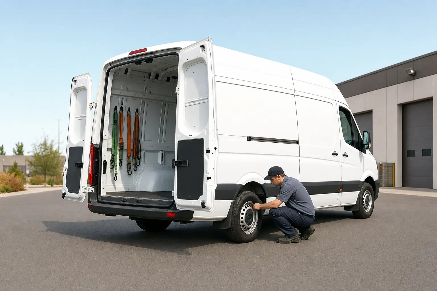 A cargo van owner-operator doing a pre-trip walkaround inspection beside an open cargo van with load straps inside