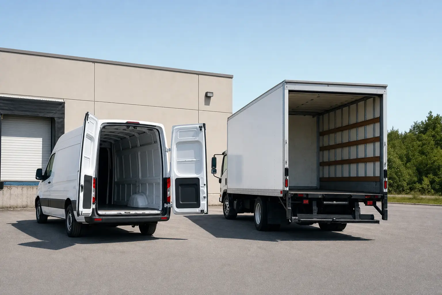 A white cargo van and a white box truck parked side by side with rear doors open at a warehouse loading dock
