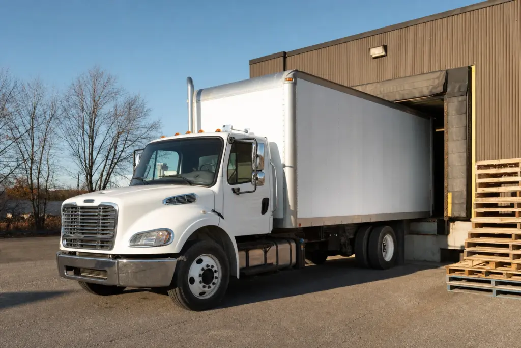 White 26 foot straight truck backed into a warehouse loading dock in late autumn light