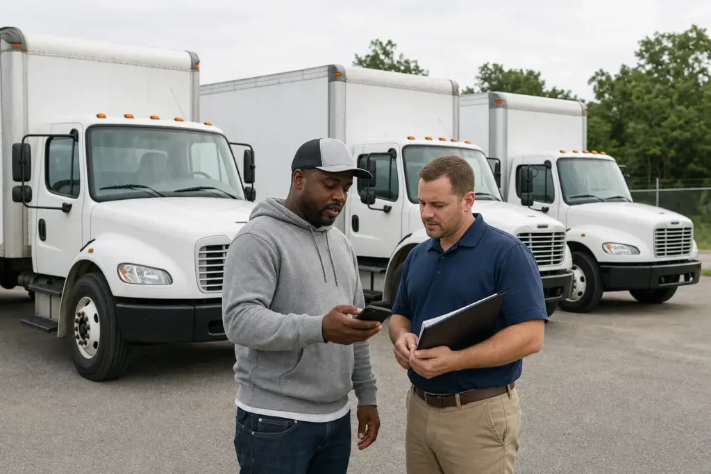 Owner-operator showing his DOT number on a phone to a carrier dispatcher beside three conventional box trucks