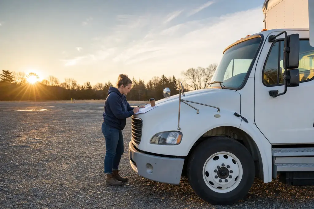 Box truck owner-operator reviewing a contract on the hood of her truck at sunrise