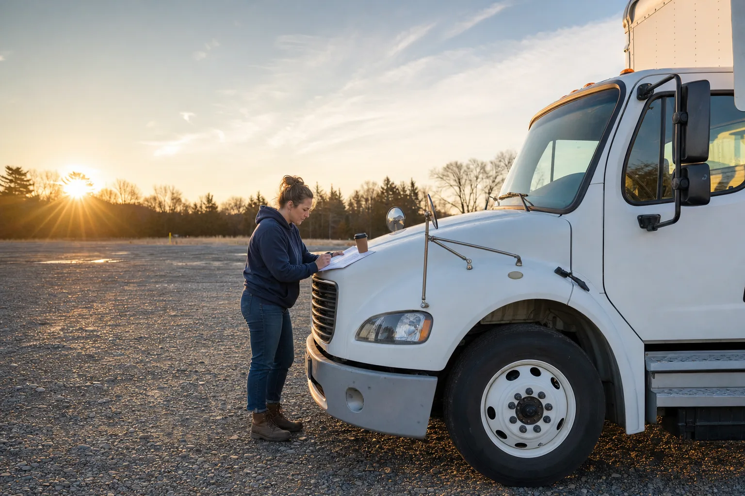 Box truck owner-operator reviewing a contract on the hood of her truck at sunrise