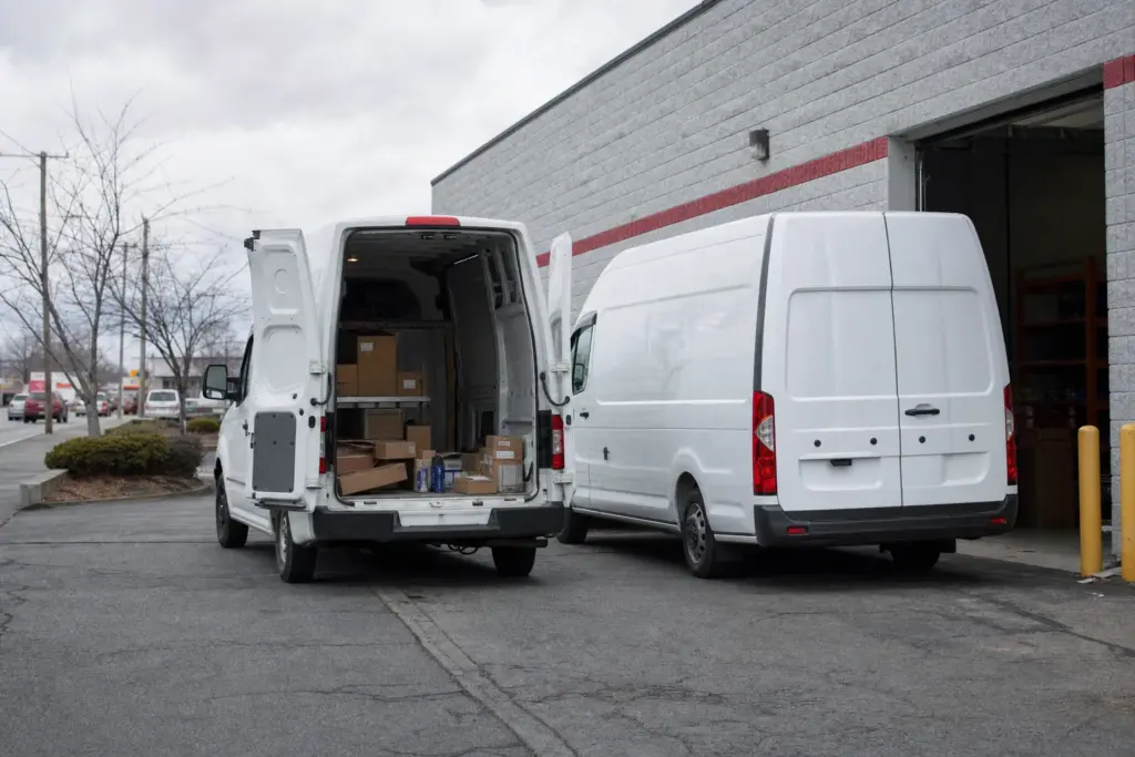 Two white cargo vans parked at a parts warehouse door, one with rear doors open